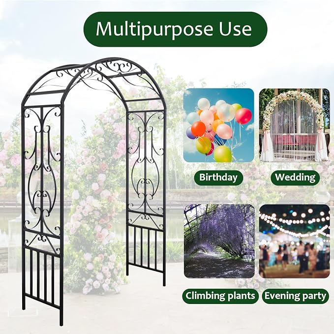kinbor Garden Arches and Arbors Outdoor Black Metal Arbor for Climbing Plants Vines Roses Wedding Archway