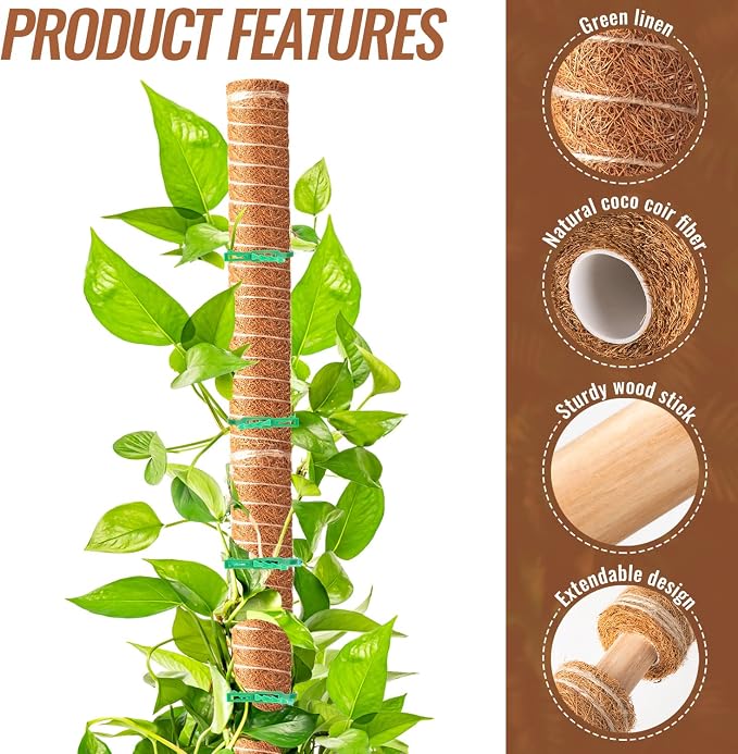 8 Pcs 12 Inches Coir Totem Pole With 16 Pcs Adjustable Plant Twist Ties - Moss Stick for Creepers Plant Support Extension, Climbing Indoor Plants