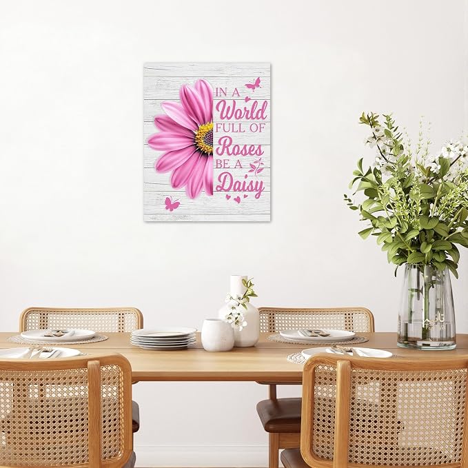 LB Pink Daisy Floral Wall Art- Farmhouse Flower Funny Inspirational Quote Bathroom Wall Decor- Rustic Butterfly Framed Artwork Canvas Pictures for Living Room Bedroom Kitchen Office,12Lx12W inch