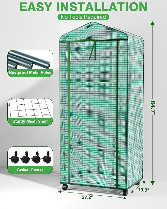 PYY Mini Indoor Greenhouse with Grow Light - Small Portable Outdoor Plant Green House Cabinet with Wheels, Thermometer, PE Tent Cover, 4 Dimmable 3 Color 2FT 36W LED Kit, 4 Tier Gardening Shelves