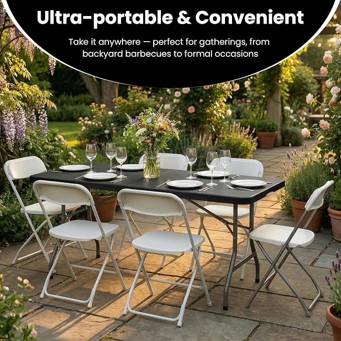10 Pack of 6 Foot Foldable Table with Built in Handle & Steel Legs, 6FT Portable Heavy Duty Plastic Folding Tables for Parties, Dining, Wedding, Events, Picnic, Indoor & Outdoor, Camping, Utility
