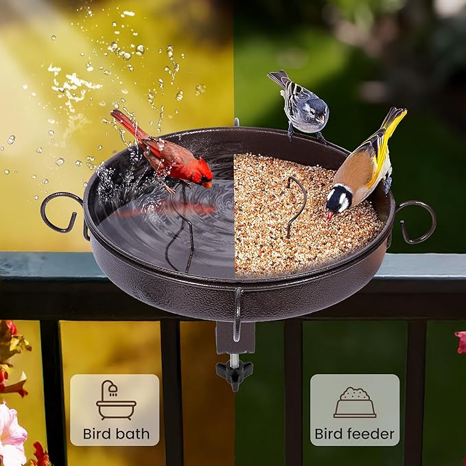 Deck Mounted Bird Bath 12 Inches,with Adjustable Metal Clamp Up to 3.4 Inches,Wall Mount Bird Bath for Railing,Fence,Patio