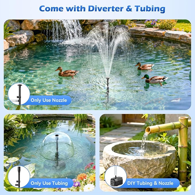 Antfraer 25W Solar Fountain Pump, 320 GPH Solar Pond Pump with 4 Nozzles, Adjustable Flow & 6.6ft Tubing, Solar Water Fountain Pump for Garden, Fish Tank, Backyard