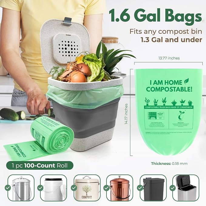 AIRNEX Small Compost Bags 1.6 Gal - 100 Compostable Kitchen Trash Bags for Countertop Bin - Cornstarch Leakproof & Tear-Resistant - OK Compost Home & Seedling Certified 0.18 mm Kitchen Garbage Bags