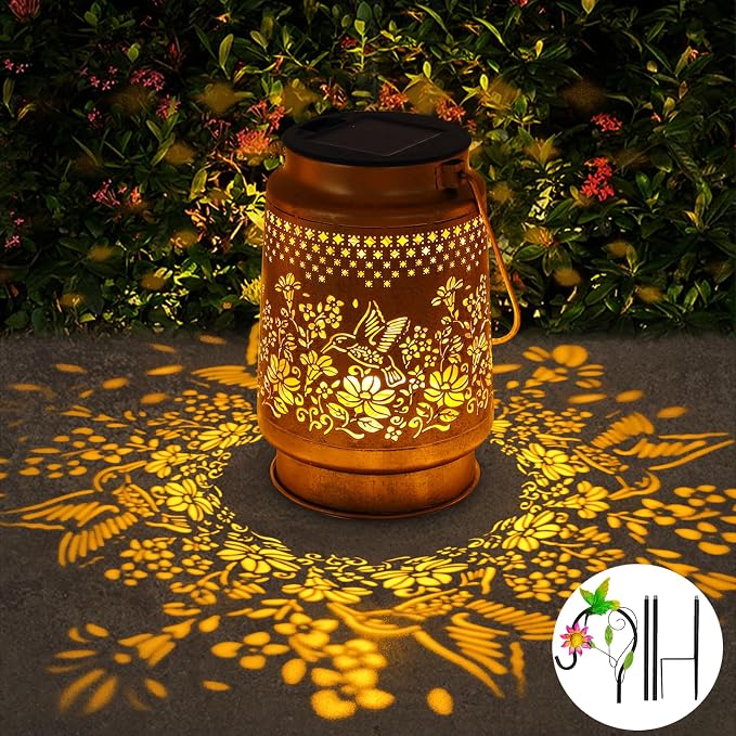 Solar Lanterns Outdoor Hummingbird Garden Decor, Birthday Gifts for Women Mom Grandma, Metal Hanging Solar Lights Waterproof with Shepherd Hook LED Decoration Outside for Garden Yard Patio Porch