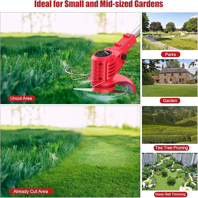 Weed Wacker 21V, Bamse Cordless String Trimmer with 2 Batteries 2.0Ah, 2 Types Metal Blades Powered Weed Eater, Pruning Shears, Adjustable Pole GrassTrimmer for Garden and Yard Lawn, Red