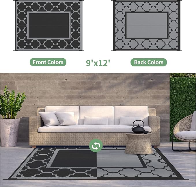 GENIMO Outdoor Rug 9' x 12' Waterproof for Patio Decor, Reversible Plastic Straw Area Rugs Mat for Camper, Outside Carpet for Camping, Rv, Deck, Porch, Picnic, Beach, Balcony, Black & Grey