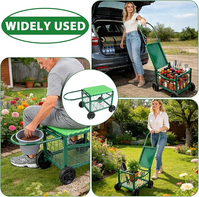 Garden Rolling Work Seat with Wheels, Padded Foam Cushion, Wire Mesh Storage Basket, Steel Frame, Hold Max. 350Lbs