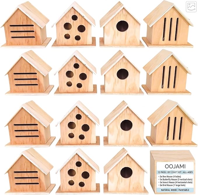 DIY Paintable Craft Kit – 12 Pack Wooden Bird, Bee, Insect & Butterfly Houses for Kids and Adults | 4 Styles, Bulk Set, Outdoor Pollinator Garden Habitat