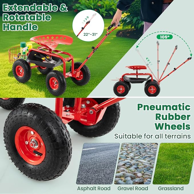 IRONMAX Garden Cart with Seat, Gardening Rolling Stool Scooter with 10’’ All-Terrain Wheels, Adjustable Steering Handle, Tool Tray and Basket, Outdoor Work Seat for Planting (Red)