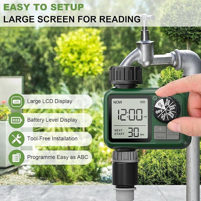 Water Timer for Outdoor Garden Hose, Sprinkler Timer for Garden Faucet with Auto/Manual/Rain Delay Mode, Sprinkler Irrigation Controller for Yard Lawn (1 Zone Plastic Inlet-2 Pack)