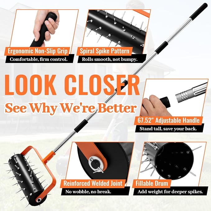 Rolling Lawn Aerator Heavy Duty Spike Aerator Roller with Adjustable Handle & 48 Spikes, Fillable Drum Manual Push Aeration Tool for Lawns, Gardens, Yards, Patio