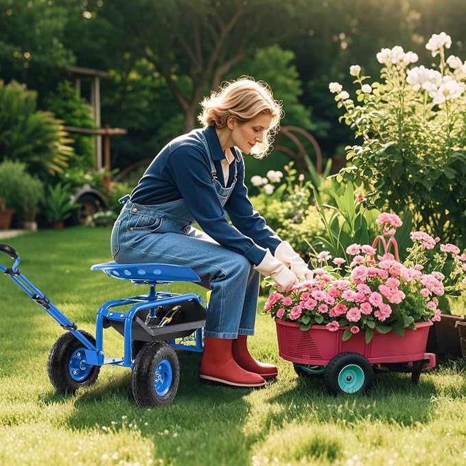 IRONMAX Garden Cart with Seat, Gardening Rolling Stool Scooter with 10’’ All-Terrain Wheels, Adjustable Steering Handle, Tool Tray and Basket, Outdoor Work Seat for Planting (Blue)