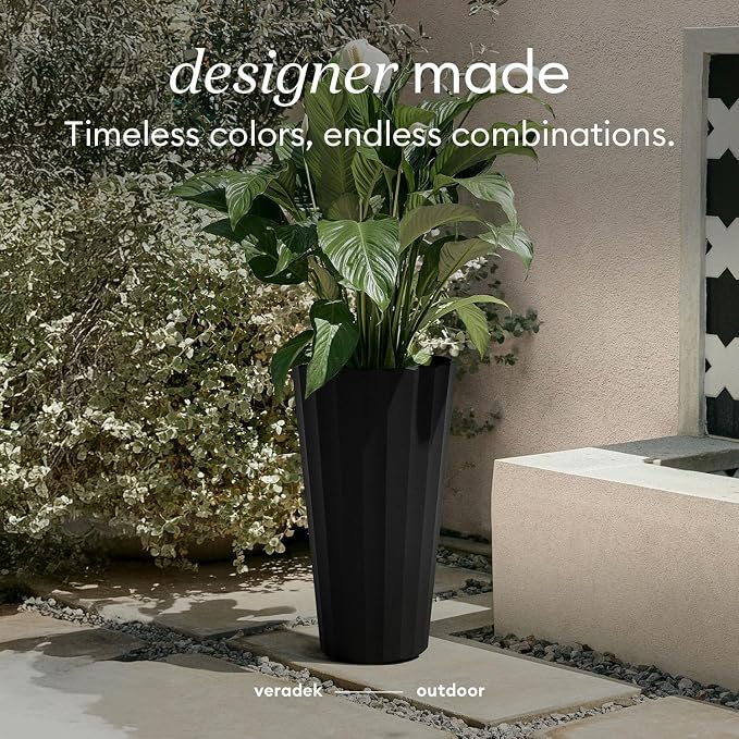 Veradek Column Series 26" Tall Outdoor Planter for Porch & Patio | Durable Plastic-Stone Material w/Shelf | Modern Décor for Plants & Flowers