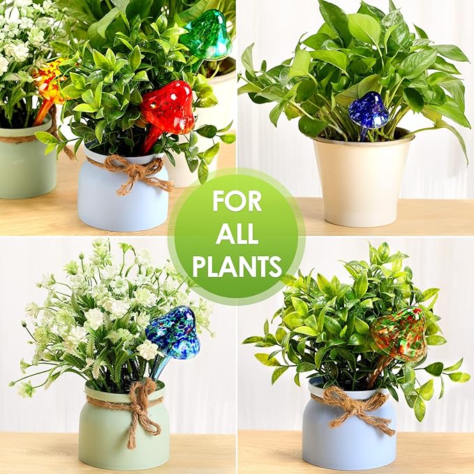 Meanplan 8 Pcs Plant Watering Globes Set, Mushroom Self Watering Globes for Indoor Outdoor Plants, Multicolor Glass Automatic Water Bulbs for Garden Potted Daily Use