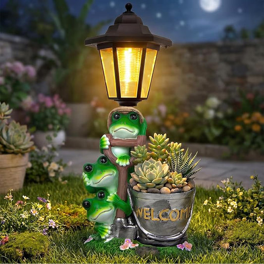 Solar Frog Garden Statue, Outdoor Decor with Flowerpot & Lantern Frog Figurine Lights for Yard Art Lawn Ornaments Porch Patio Balcony - Gifts for Housewarming Birthday