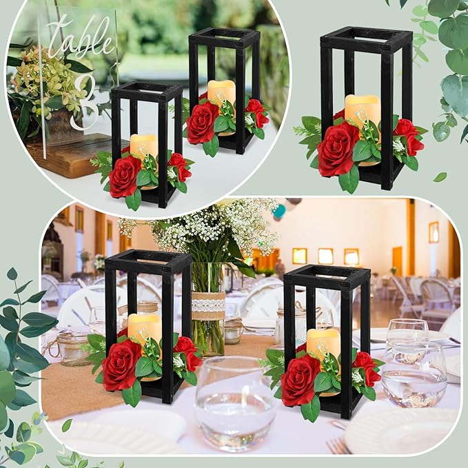 Hushee 60 Pcs Integrated Wedding Lantern Centerpiece Rustic Wooden Holder with Candles and Rings Farmhouse Candle Lantern Decor for Home Valentine Wedding Party Table Decor (Black and Red)