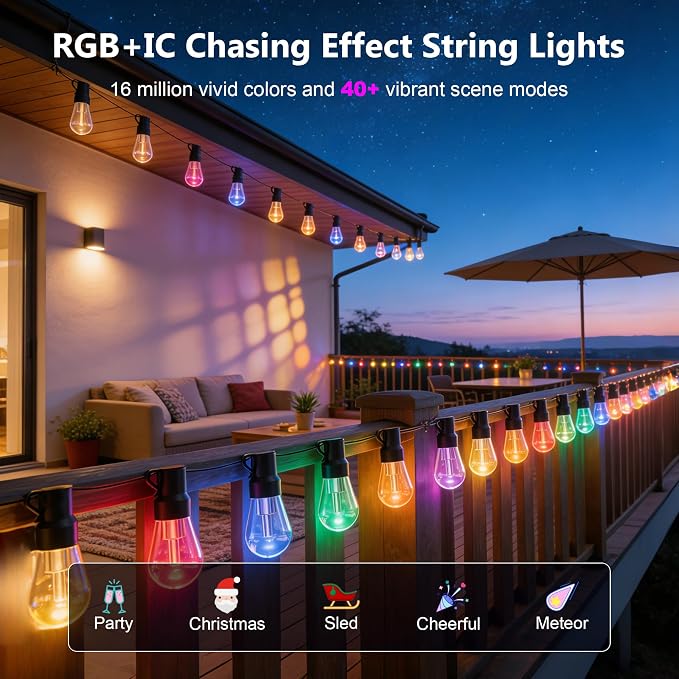 Beizelte Outdoor String Lights, 150FT RGB+IC Outside Light Dimmable Shatterproof LED Bulbs, IP67 Waterproof Chasing Effect Lighting DreamColor Patio Strip Lights for Backyard, Balcony, Outdoor Living