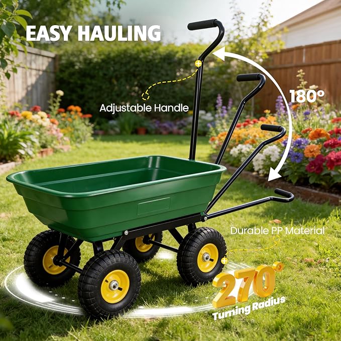 NORTHSKY 600 LBS Heavy Duty Garden Dump Cart,10" All-Terrain Wheels, 180° Rotating Handle, Yard Cart for Landscaping, Farm, and Outdoor Work (Garden Green)