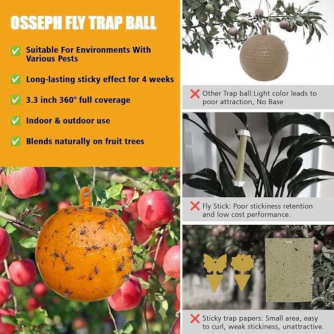 Sticky Insect Trap Ball, Osseph Fruit Fly Trap Balls for Indoor Outdoor 6pc, Physical Extra Sticky Hanging Bug Ball Catches Flie Gnat Wasps Mosquitoe Flying Insects (Orange)