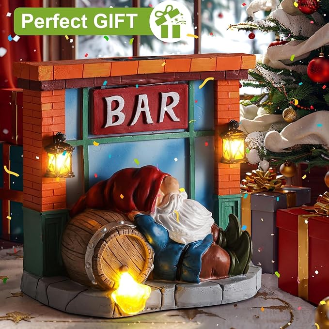 WINTS Solar Garden Gnomes,Funny Tavern Gnome Statue for Outdoor Decor with Light-Up Barrel for Lawn, Patio, Yard, Balcony–Gift for Lovers,Mom,Friends,Husband for Father's Day & Birthday