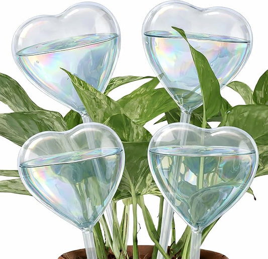 Heart Plant Water Globe, 4 Pcs Set Iridescent Glass Self Watering Bulbs, Heart Shaped Waterer Dripper for Indoor Plants, Outdoor Flowers, Planter Insert Garden Device for Pots