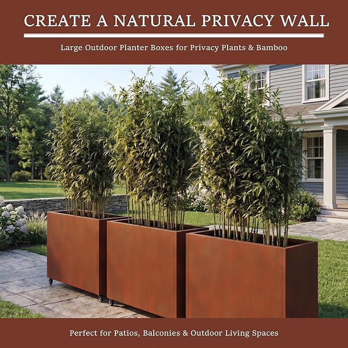 36 Inch Corten Steel Planter Box with Wheels, Tall Outdoor Rolling Planter with Drainage & Removable Shelf, Large Rectangular Weathering Steel Planter for Patio, Porch, Balcony & Garden