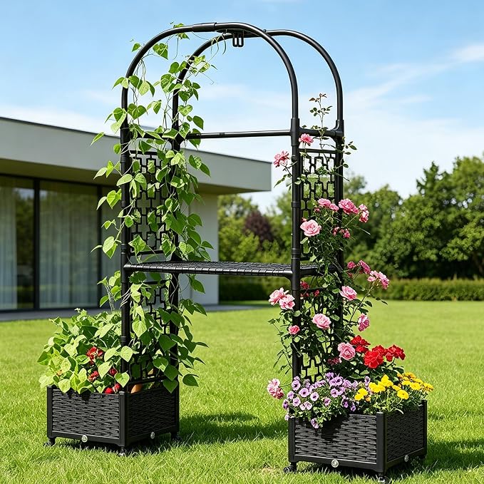 71"x16"x32" Planter Box with Trellis, 3-in-1 Self-Watering Planter Box with Wheels for Patio,Raised Garden Bed with Trellis, Drainage Holes & Metal Storage Rack for Vine Climbing Plants