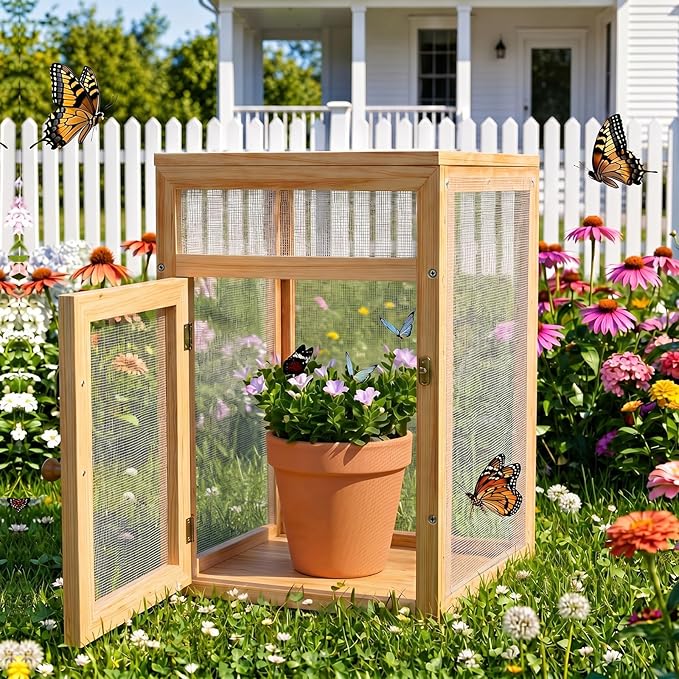 Bucherry Wooden Butterfly Habitat Cage Kit Monarch Caterpillar Enclosure with Mesh Tent & Wood Frame, Detachable Insect Observation House for Kids Outdoor Garden(15.7")