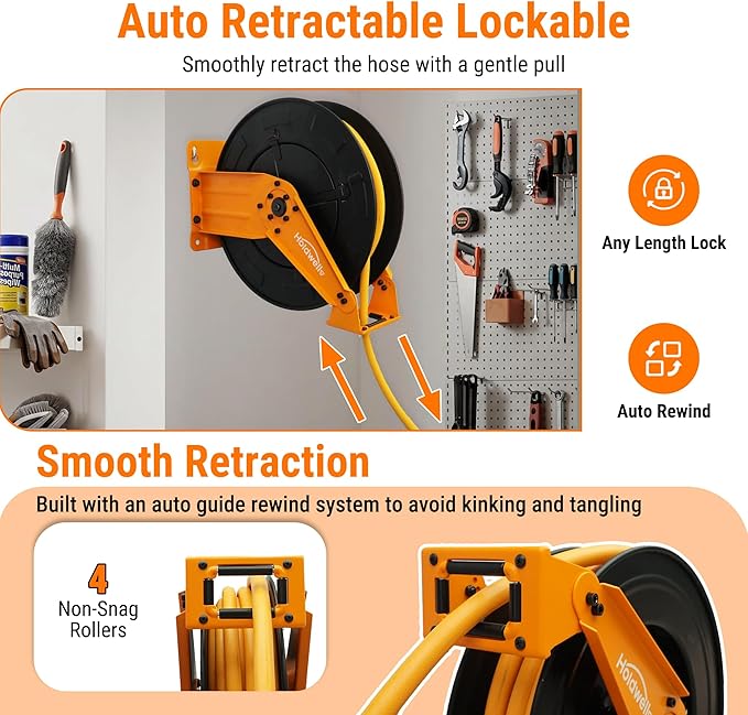 Retractable Air Hose Reel, 1/2" x 50FT EPDM Rubber Air Hose, 300PSI Max, Auto-Rewind & Length-Lock, 1/2" NPT Fitting, Ceiling/Wall Mount Heavy Duty Dual Arm Steel Reel for Workshop/Garage