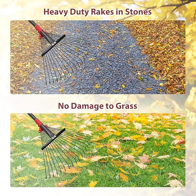Adjustable Metal Leaf Rake for Leaves, 76-Inch Long Handle Yard Rake with 18 Metal Tines & 8-18" Expandable Head, Lightweight Garden Rake for Lawns, Grass Clippings, Pine Needles
