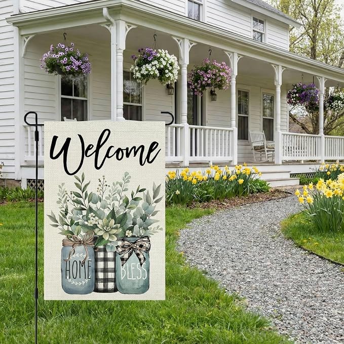 CROWNED BEAUTY Spring Garden Flag Eucalyptus Mason Jar 12x18 Inch Double Sided Small Seasonal Farmhouse Floral Holiday Decoration for Outdoor Lawn Yard