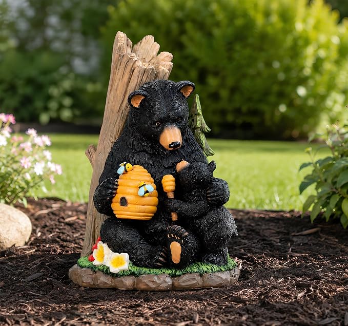C&Y&G&X Solar Black Bear Garden Statue with Light-Up Beehive & Honey Dipper, Outdoor Resin Animal Sculpture Yard Art Decor for Patio, Lawn, Porch, and Housewarming Gift