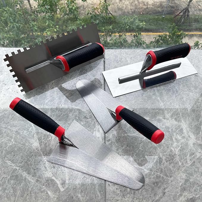 Concrete Masonry Trowel 4pcs/Set, High-Carbon Steel Plastering Bricklaying Tools for Drywall Concrete Includes Flat Trowels and Notched Trowels, Brick Trowels (Black-B Set)