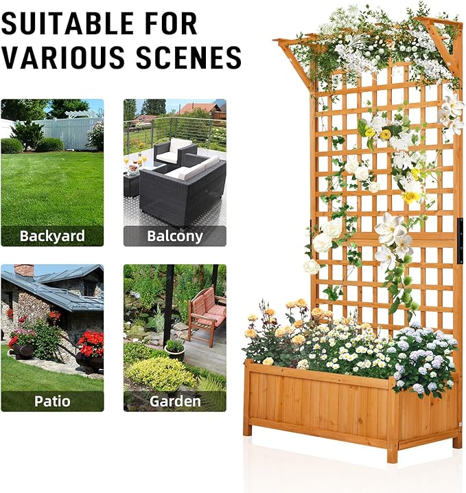 VINGLI Raised Garden Bed with Trellis, Natural Planter Box with Privacy Screen, 72 Inch Tall Wood Garden Boxfor Climbing Plants, Flowers, Herbs, Outdoor Balcony & Patio Decor (Natural)
