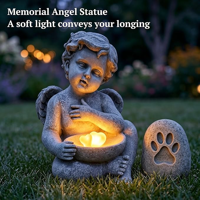 MXwcy Solar Angel Statue with Bird Feeder, 9.06" Resin Angel Garden Statue Solar Lights, Waterproof Angel Garden Decor for Yard Lawn Patio, Memorial Garden Angel Gift for Women Mom Grandma