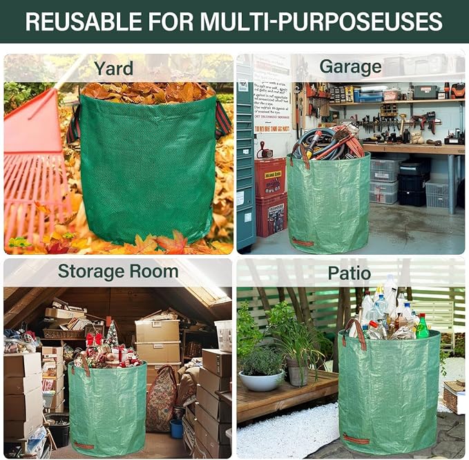 2 Pack 32 Gallon Reusable Yard Waste Bags, Collapsible Heavy Duty Leaf Bags, Lawn and Leaf Garden Bags with 4 Handles, Camping Yard Recycling Bin for Debris Leaves Grass Clippings