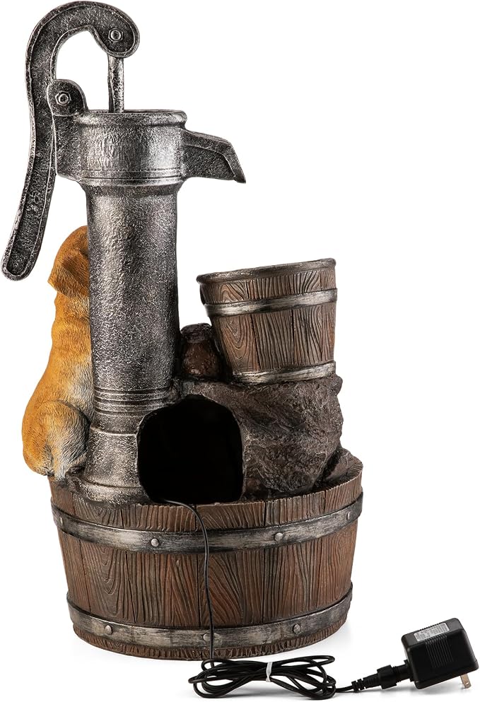 Glitzhome Water Fountain Outdoor, Outdoor Fountain with Lights & Pump, 23.75" H Cute Dog Playing Around The Water Polyresin Cascading Waterfall Floor Standing Water Feature for Garden, Patio