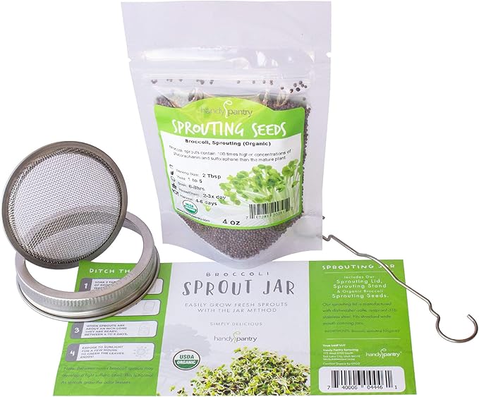 Organic Broccoli Sprout Growing Kit – Includes 316 Stainless Steel Lid, Stand, and Non-GMO Seeds – by Handy Pantry & Trellis + Co