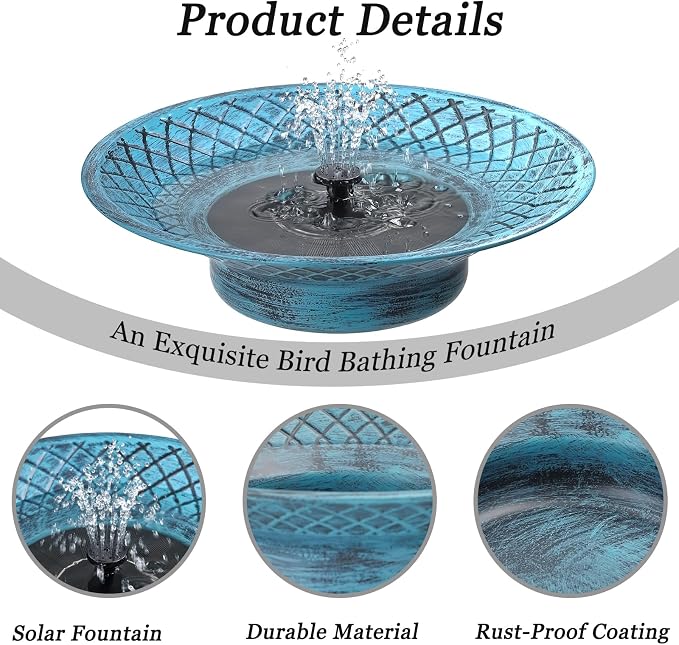 12.6" Bird Baths for Outdoors, Bird Bath Fountains Solar Power, Hummingbird Bath Fountain, Solar Bird Bath Fountain for Garden Patio Decor(Blue)