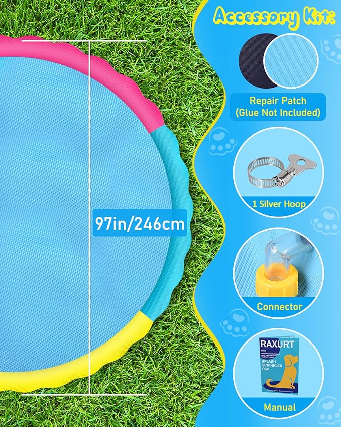 Raxurt Splash Pad, 87in Anti-Slip Splash Pad for Kids Dogs Thickened Durable Bath Pool Pet Summer Outdoor WaterToys Backyard Fountain Play Mat, Colorful