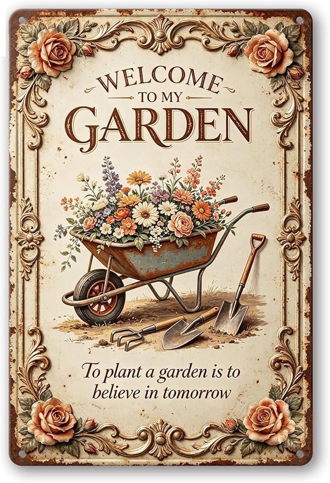 2D Flat Funny Garden Signs, Welcome to My Garden Vintage Outdoor Wall Decor for Patio Yard Greenhouse Home, Waterproof Garden Gifts 8x12 Inch