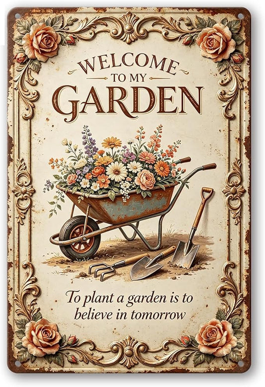 2D Flat Funny Garden Signs, Welcome to My Garden Vintage Outdoor Wall Decor for Patio Yard Greenhouse Home, Waterproof Garden Gifts 8x12 Inch