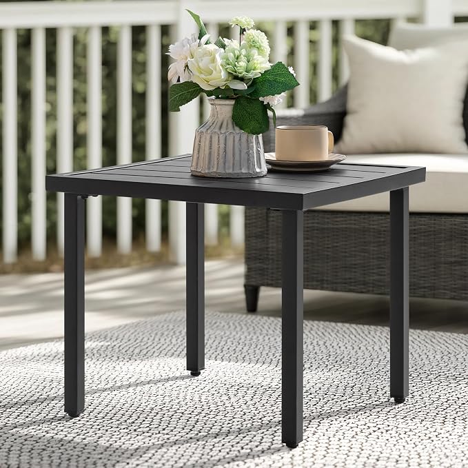 NUU GARDEN Square Outdoor Side Table with Slatted Top and Adjustable Feet, Powder-Coated Metal Patio Table, All-Weather Patio Coffee Table for Backyard Pool Porch Garden Lawn, Black