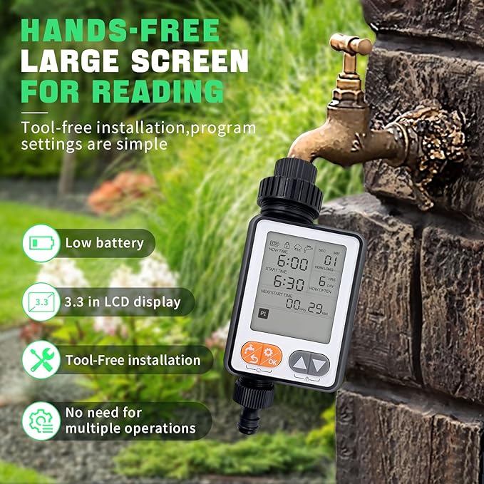 Water Timer for Garden Hose with Auto Rain Delay, 10 Programmable Sprinkler Timer with 3.3“ Large LCD IP54 Waterproof Drip Irrigation Watering Timers for Plant, Yard, Lawns, Outdoor