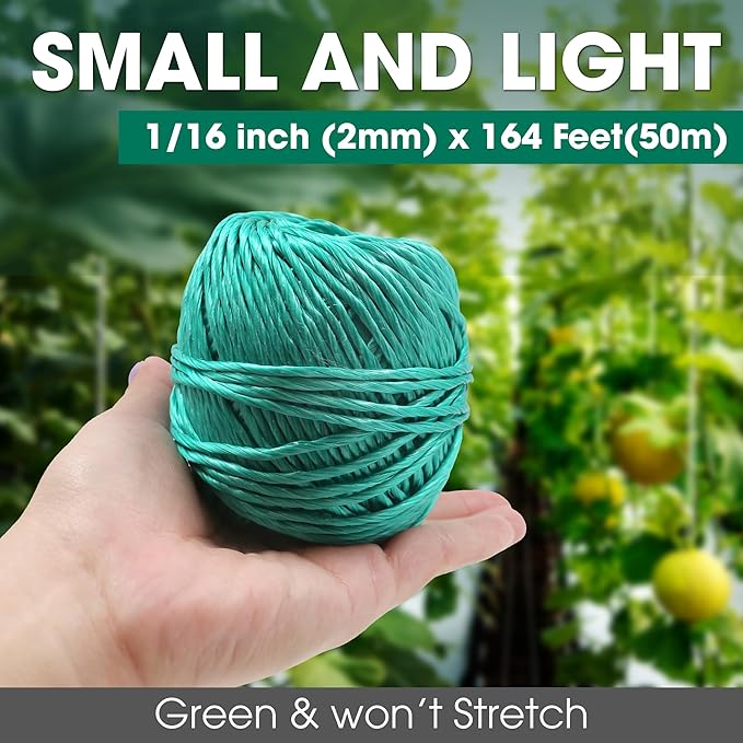 Heavy Duty 200 lbs Strong Polypropylene Tomato Twine, Garden Plant Tie String, Greenhouse Trellis Twine, Durable PP Tying Twine for Bundling, Packaging, Gardening, Farming (White/Green), 164FT
