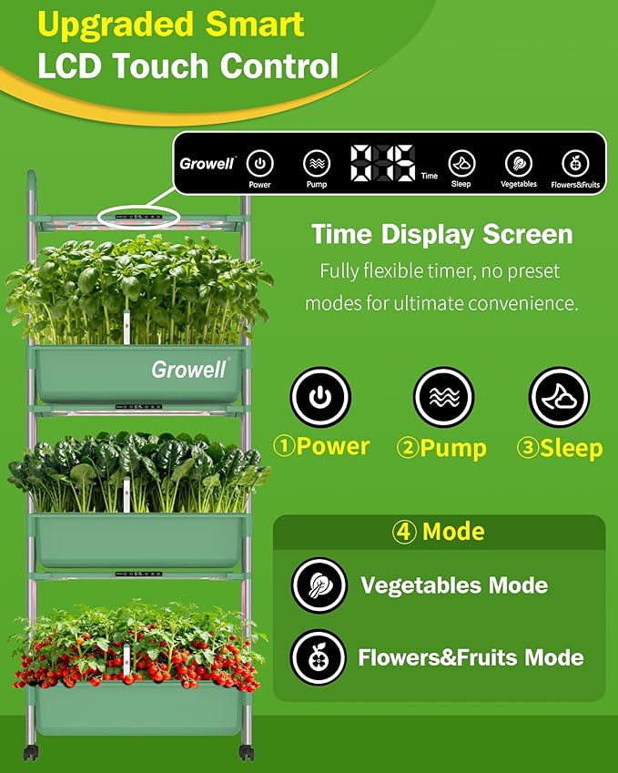 Growell Large Hydroponics Growing System Kit, 81 Pods Vertical Indoor Herb Garden Kit with LED Grow Light & Independent Water Pump, 42L Movable Indoor Planter Perfect Gardening Gifts (3 Tier-Green)