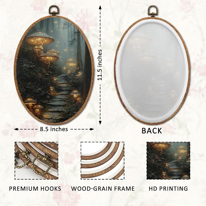 DOFQZ Enchanted Forest Mushroom Oval Wall Art Decor, Whimsical Mystical Mushroom Framed Wall Art, Dark Academia Fantasy Nature Forest Walls Hanging Decor for Home Bedroom Living Room, 8.5x11.5 Inch