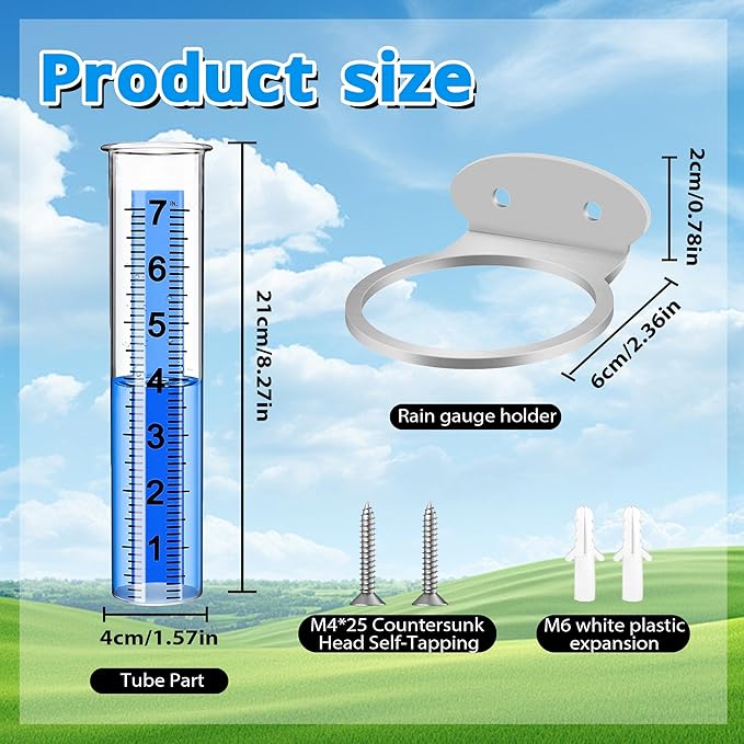 Rain Gauge Outdoor, 7" Large Capacity Rain Gauge Replacement Tube with Stainless Steel Mounting Rack Holder, Clear Numbers, Rain Gauges Outdoors Best Rated for Garden Lawn Yard Fence Patio Farm