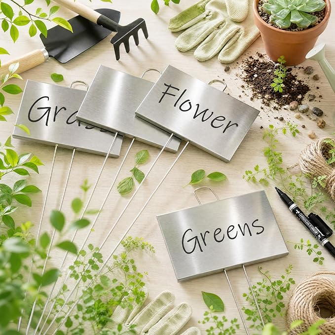Landhoow 12 Pcs Large Garden Plant Markers Metal Plant Labels Sign 6'' x 4'' with 21'' Stake Weatherproof Waterproof Garden Sign for Outdoor Seedlings Herbs Vegetable Greenhouse, Silver